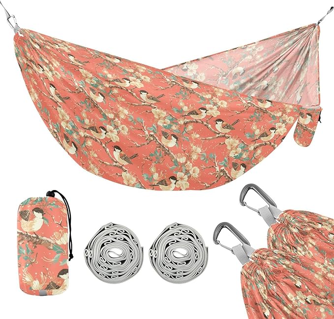 Retro Rose Gold Birds Pink Hammocks with Hanging Rope Rope Hammocks for Outside for Patio Backyard Lounge Base