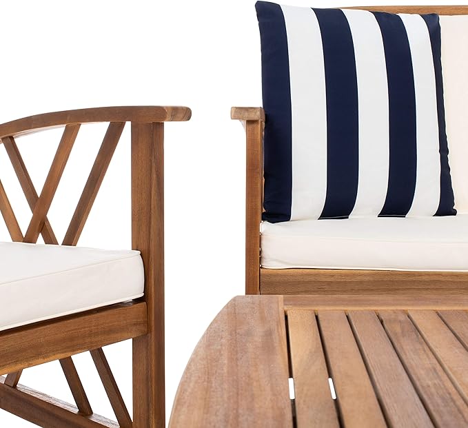 SAFAVIEH Outdoor Collection Fontana Natural/ Beige Cushions/ Thick Stripe Pillows 4-Piece Conversation Patio Set