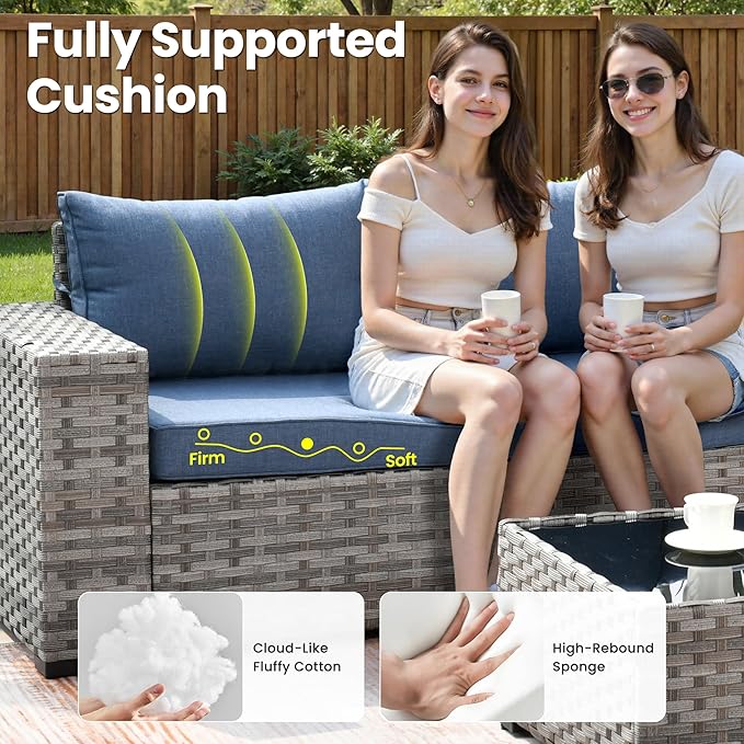 ovios 7 Pieces Patio Furniture Set, Outdoor Wicker Sectional Sofa with 42 Inch Fire Pit Table Comfy Cushions, Modern Modular Deep Seat Rattan Couch Conversation Set, Denim Blue