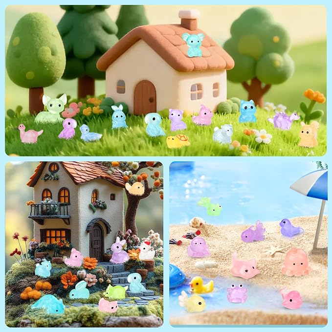 150PCS Luminous Mini Resin Animals 30+ Types Variety Glow in The Dark Tiny Animals Figures Bulk for Dollhouse, Fairy Garden,Micro Landscape Aquarium, Party Decoration DIY Crafts