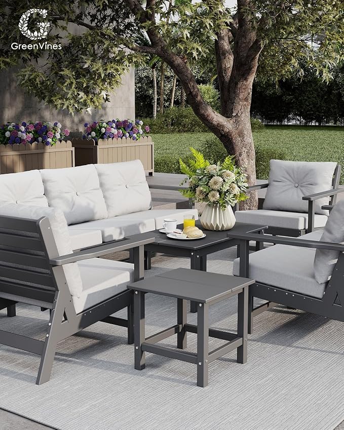 GREENVINES Outdoor-Couch | HDPE Plastic | Patio Sectional Conversation Set | All Weather Couches | Sofa with Detachable Armrests | for Porch Deck Lawn | Gray Frame Light Gray Cushion