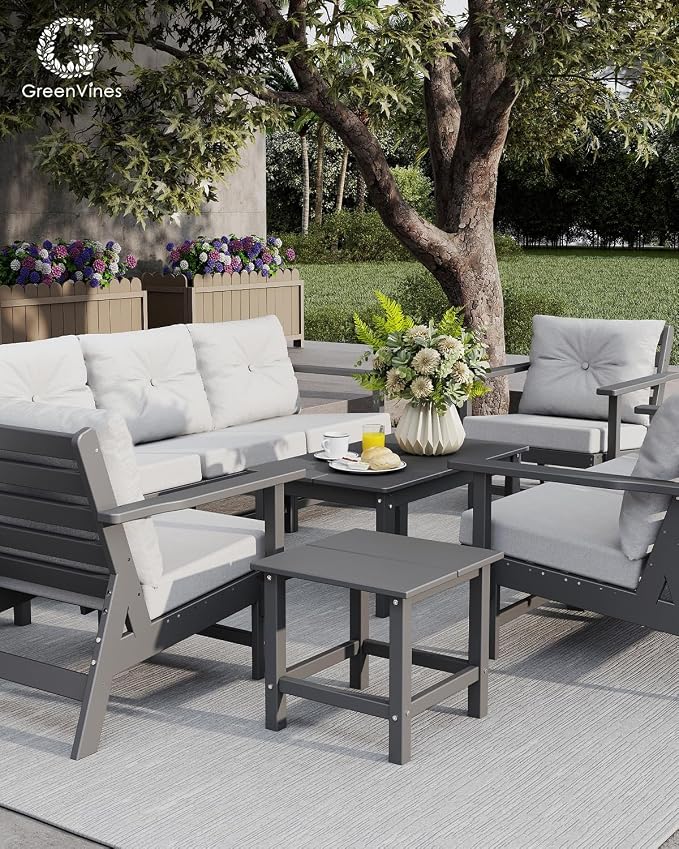 GREENVINES Outdoor-Couch-Set-of-2 | HDPE Plastic | Patio Sectional Conversation Sets | All Weather Couches | Sofa with Detachable Armrests | for Porch Deck Lawn | Gray Frame Light Gray Cushion
