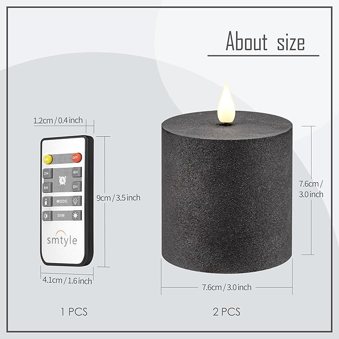 smtyle 3"x3" Black Flameless Flickering Candles with Remote Timer - Battery Operated Plastic Texture Pillar LED Candles Set of 2 for Gothic Home Decorations