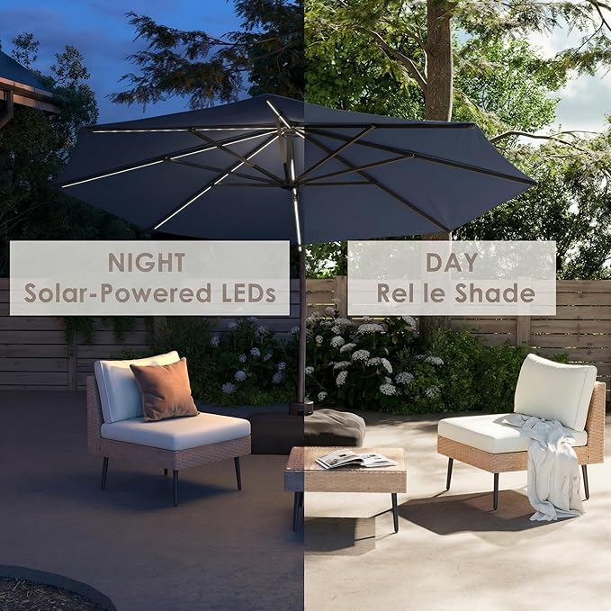 ENSTVER 11FT Solar Powered LED Light Cantilever Patio Umbrella With Base Included, Round Large Aluminum Outdoor Cantilever, Heavy Duty Offset Umbrella with 360°Rotation for Pool, Deck, Backyard