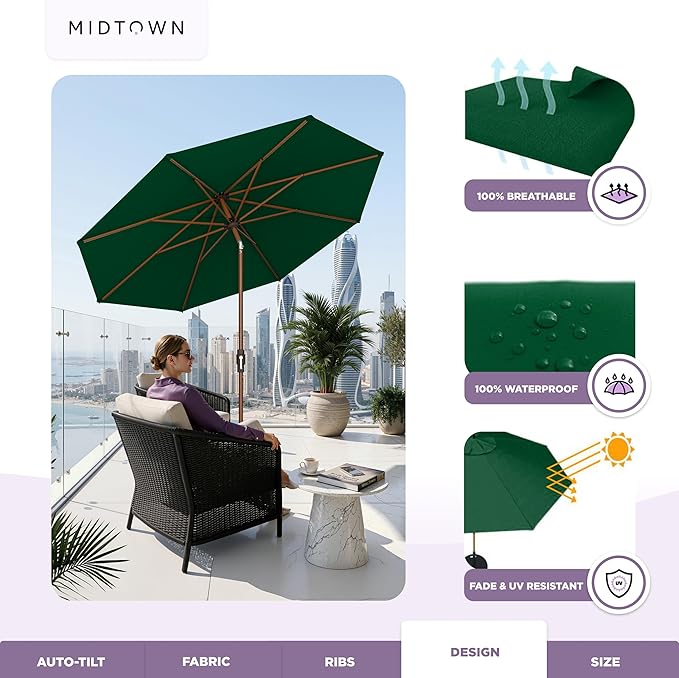 Midtown Umbrellas Wooden 2-8 Ft Patio Umbrella with 360° Swivel & Tilt Mechanism, 8 Fiberglass Ribs & Sunbrella Fabric - Outdoor Umbrella for Deck, Pool & Garden - Burgundy Canopy, Wooden Pole