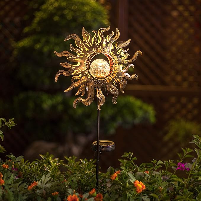 Hapjoy Solar Lights Outdoor Garden Decor Solar Powered Sun Lantern for Yard, Patio,Lawn or Pathway Sun Decorations Crackle Glass Globe Stake Metal Lights Waterproof Warm LED Garden Pathway