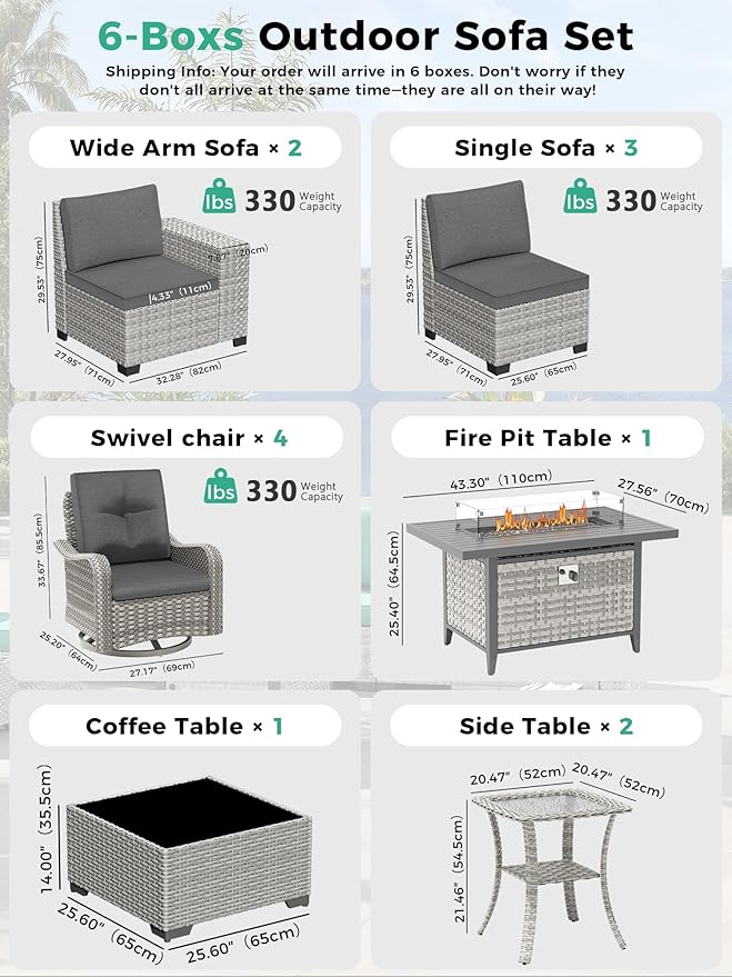 13 Piece Outdoor Wicker Rattan Sectional Sofa Set with Swivel Chairs & Fire Pit Table, 9-Seats with 4" Thickened Cushions & Coffee Table, All-Weather PE Rattan for Garden, Backyard, Porch, Black