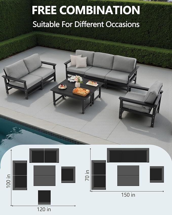 HDPE Outdoor Patio Furniture Set, 8-Piece Sofa Set with 3-Seat Couch,loveseat, Armchair & 2 Coffee Tables, Weatherproof Conversation Set with Cushions,for Garden, Porch & Backyard