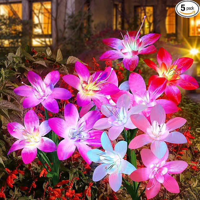 Aukora Solar Garden Lights Outdoor 5 Pack, 5 Colors Lily Flowers & 7-Color Changing Solar Lights for Outside, Waterproof for Garden Patio Yard Decor