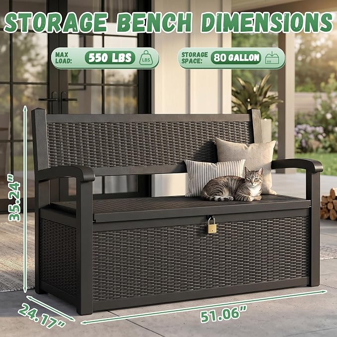 80 Gallon Outdoor Storage Bench Waterproof Resin Lockable UV Resistant Deck Box Benches Furniture Outside Porch Patio Pool Garden Tool Cushion Black