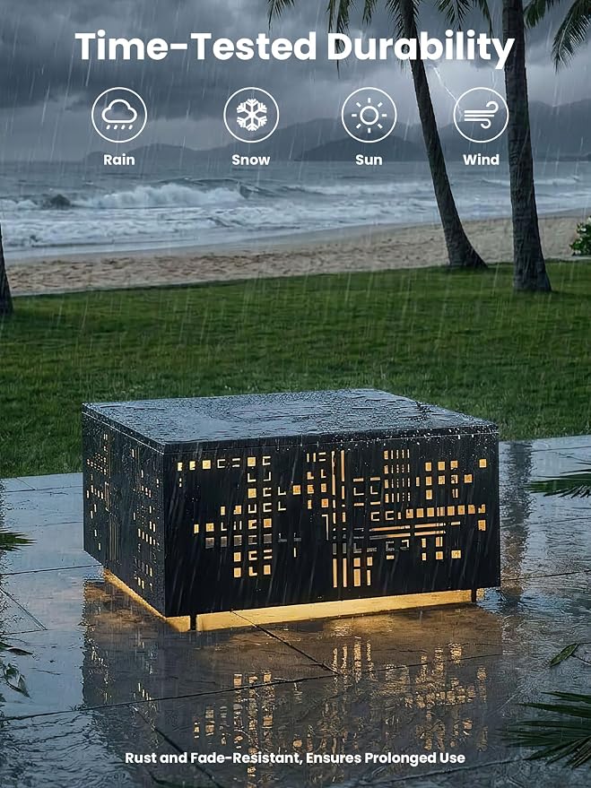 27" Outdoor Solar-Light Coffee Table with Geometric Cut-Out Design, Square Accent Coffee Table with Umbrella Hole, All Weather-Resistant Side Table for Patio, Garden, Deck, Black