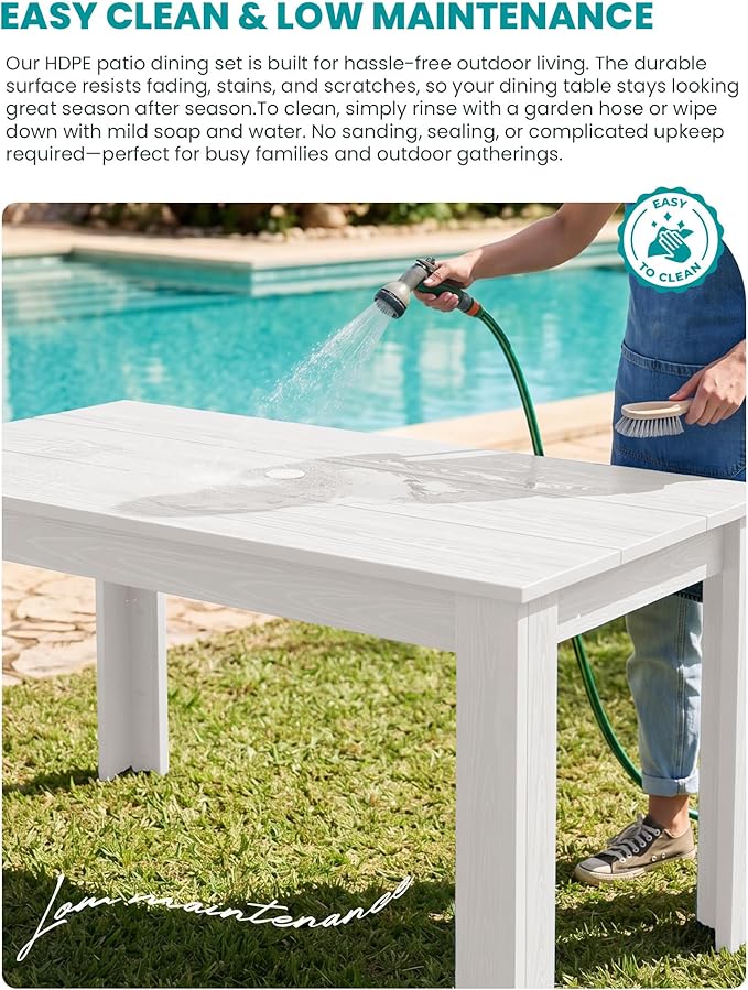 SERWALL 59" HDPE Patio Dining Set for 4, w/ 1 Table & 4 Armchairs, White | All Weather Resistant HDPE Dining Sets for Patio, Garden, Backyard