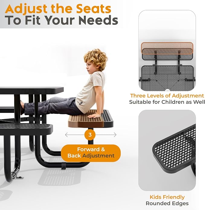 Square Metal Picnic Tables for Kids for Outdoors with Umbrella Hole, Adjustable Seats for School, Park, Playground (Black, 38 in, Kids, Square)