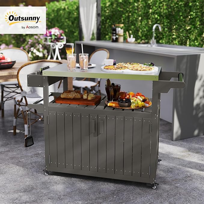 Outsunny Outdoor Bar Cart with Storage Cabinet, Stainless Steel Top Kitchen Island on Wheels, HDPE Outdoor Bar Table, Movable Patio Beverage Food Prep Table for BBQ Picnic, Dark Gray