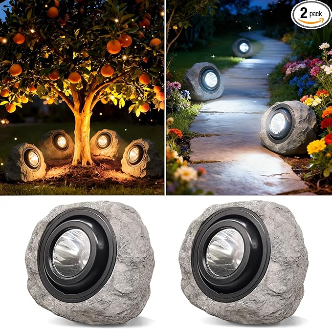 Solar Rock Lights Outdoor,2 Pack IP65 Waterproof LED Solar Ash Gray Garden Stone Spotlights,Warm White & Cool White Switchable,Auto On/Off Landscape Lights for Pathway Walkway Yard Patio