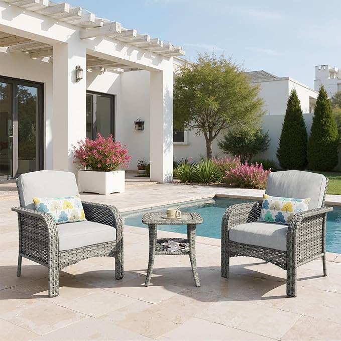 3 PCS Outdoor Patio Furniture Set with Side Table, All-Weather Rattan Wicker Outdoor Conversation Set with Thickened Cushions for Balcony Backyard Garden Lawn,Grey