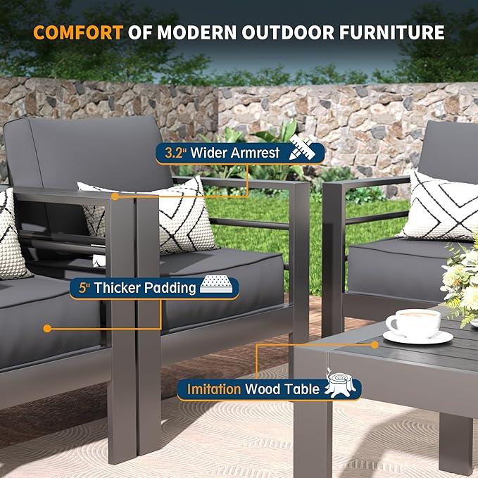 UDPATIO Aluminum Patio Furniture Set, 4 Pieces Outdoor Conversation Set with Waterproof Covers, All-Weather Modern Sectional Sofa for Patio, Deck, Backyard, Dark Grey/Dark Grey