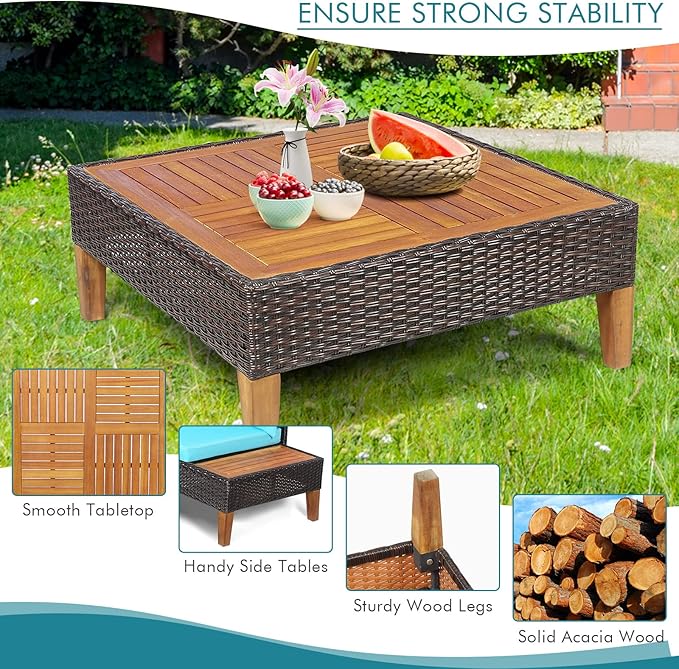 Tangkula 4 Pieces Acacia Wood Patio Conversation Set, Patiojoy Outdoor PE Rattan Sectional Sofa Set with Coffee Table, Corner Sofa & 2 Loveseats, for Backyard Garden Poolside