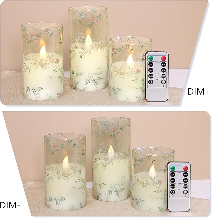 Glass Flameless Candles Flickering Battery Operated LED Pillar Candles Set of 3 with Timer and and 10-Key Remote Green Branch Floral Spring Summer Theme for Wedding Festival Home Decoration