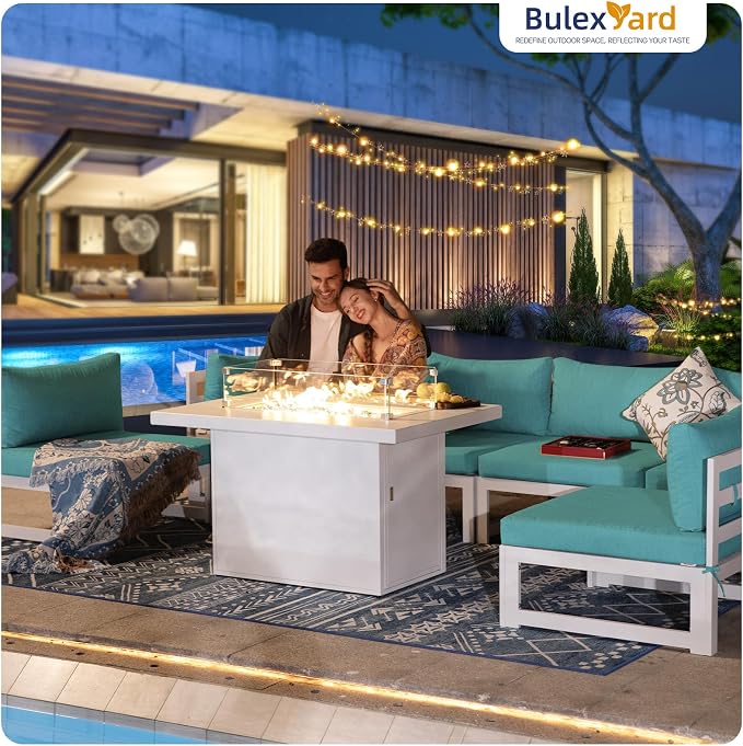 BULEXYARD 7 Pcs Large Aluminum Outdoor Patio Furniture Set with Rectangular Fire Pit Table, 29" Wide Deep Seat, Rust Proof Minimalist Sectional Sofa, 500 lbs Sturdy Outside Conversation Set, Turquoise