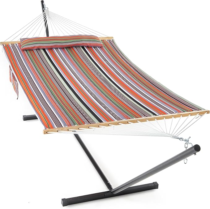 2 Person Hammock with Stand for Outside, 12ft Heavy Duty Steel Stand, Double Hammocks with Hardwood Spreader Bar, Large Removable Pillow, Side Pockets, Max 475 lbs Capacity (Classic Red)