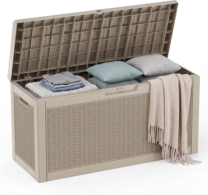 EasyUp 70 Gallon Deck Boxes Outdoor Waterproof, Resin Outside Storage Box for Patio Cushion Furniture Pool Accessories Garden Tools Indoor Outdoor Storage Bench (70 Gallon, Grey)
