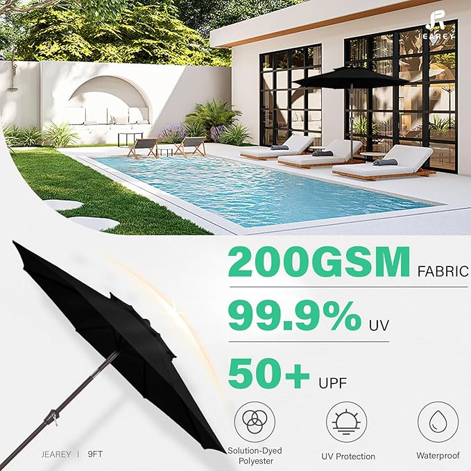 JEAREY 9' 2-Tiers Patio Umbrellas Outdoor Table Market Umbrella w/Push Button Tilt/Crank, 8 Sturdy Ribs, UV Protection Waterproof Sunproof(Black)