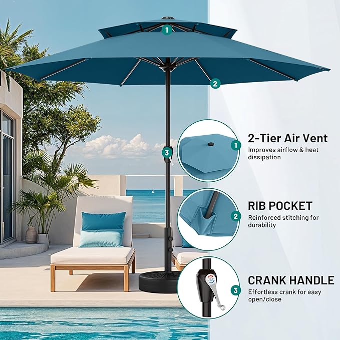 AreShark 12ft 2 Tiers Patio Umbrella - Outdoor Umbrella Waterproof UV Protection, Market Table Umbrella w/ 8 Sturdy Ribs&Crank for Pool, Porch, Garden(Lake Blue)