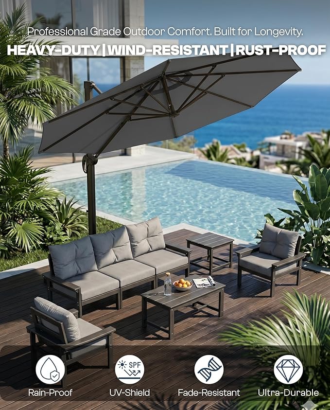 11 FT Round Cantilever Umbrella,Easy Tilt, Fade Resistant & 360° Rotation, Offset for Pool Deck Backyard Patiocharcoal gray (Base not Included)