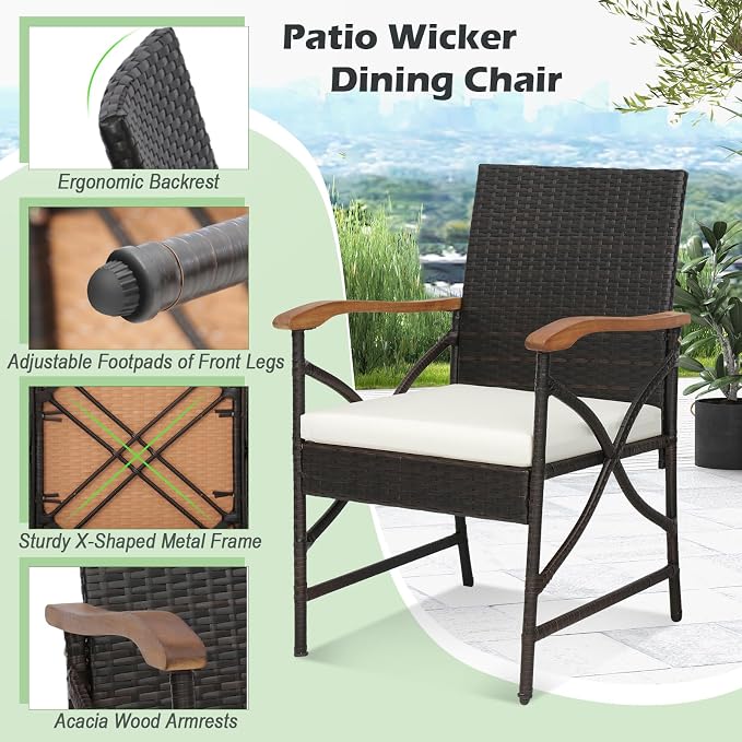 Tangkula 9 Pieces Patio Dining Table and Chairs Set with Umbrella Hole, Acacia Wood Table with Metal Frame, and Heavy Duty Cushioned Wicker Chairs, for Backyard, Garden and Poolside (Mix Brown)