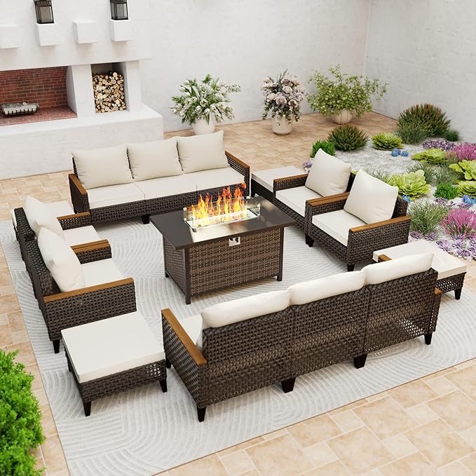 15 Piece Patio Sectional Sofa Set with 50000 BTU Fire Pit Table, All-Weather Wicker Rattan Outdoor Conversation Set, High Back, for Garden, Porch, Poolside, Beige