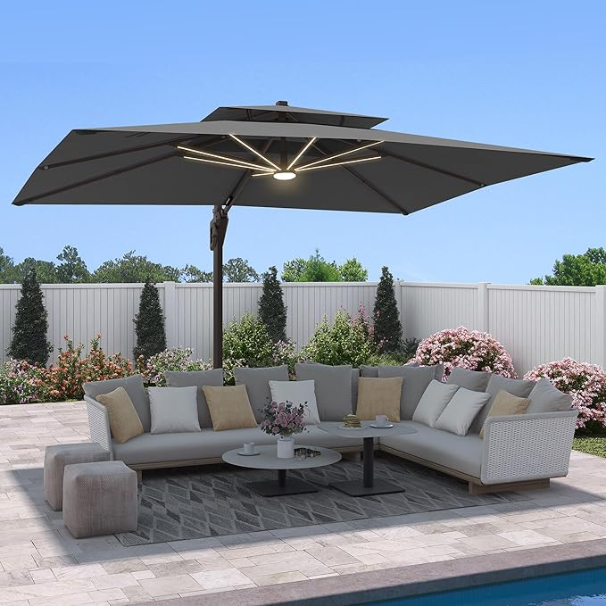 9 X 12 FT Cantilever Outdoor Patio Umbrella with Base Included Large Heavy Duty 360° Rotation Double Top Offset Rectangular Umbrellas with LED Lights for Backyard Outside Deck, Grey