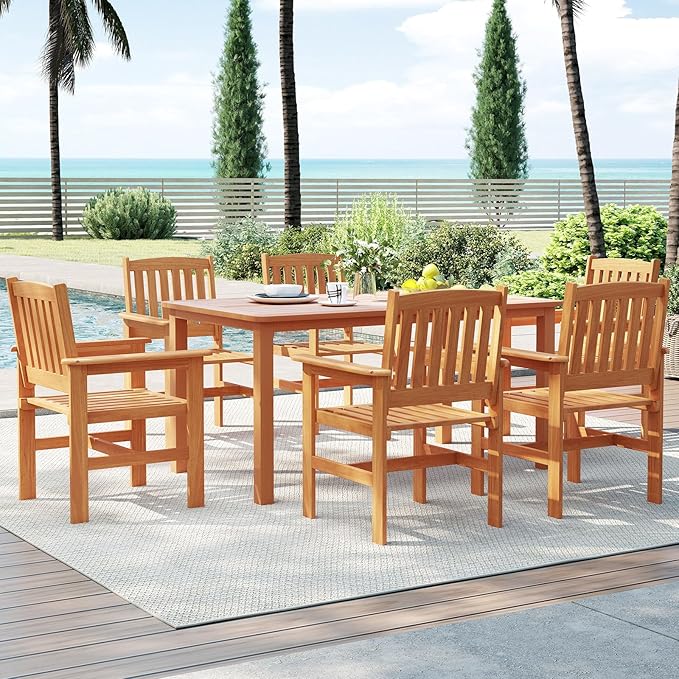 Tangkula 7-Piece Patio Wood Dining Table Set, Outdoor Rectangular Table and 6 Armchairs with 2" Umbrella Hole, Outside Furniture Set for Backyard, Poolside, Garden and Lawn