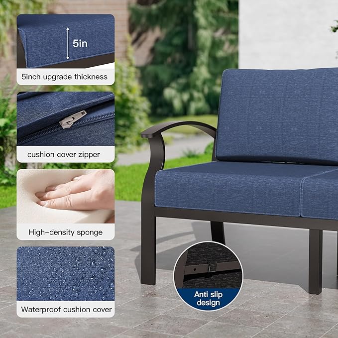 Kullavik Aluminum Patio Furniture Set with Rectangular Coffee Table,7-seat Metal Outdoor Sectional Furniture w/5.1" Cushions,Patio Conversation Sets for Garden,Backyard,Porch-Navy Blue
