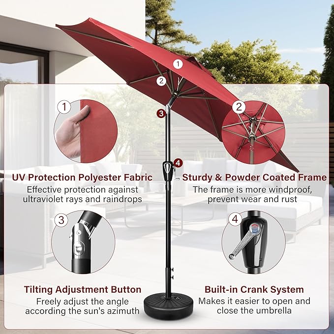 Simple Deluxe 7.5ft Patio Umbrella Outdoor Table Market Yard Umbrella with Push Button Tilt/Crank, 6 Sturdy Ribs for Garden, Deck, Backyard, Pool, Red