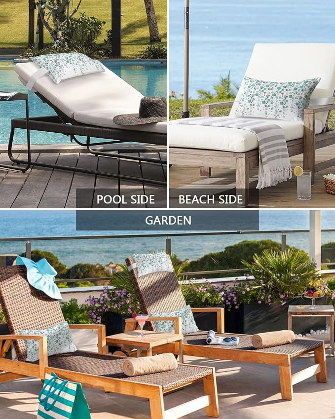 Outdoor Pillows Covers with Inserts Flower Teal Grey Cherry Blossoms White Waterproof Pillow with Adjustable Strap Throw Pillows for Patio Furniture Recliner Lounge Chair, 11x16 inch, 1PCS