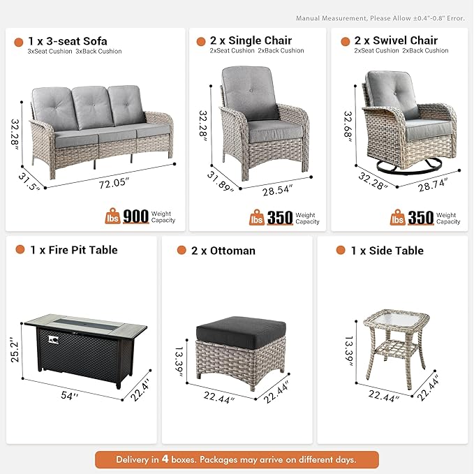9 PCS Outdoor Patio Furniture Set with Fire Pit Table and Swivel Rocking Chairs,All Weather Wicker Rattan Patio Seating Sofa and Chair Set with Ottomans,Outdoor Conversation for Porch Deck Yard,Grey