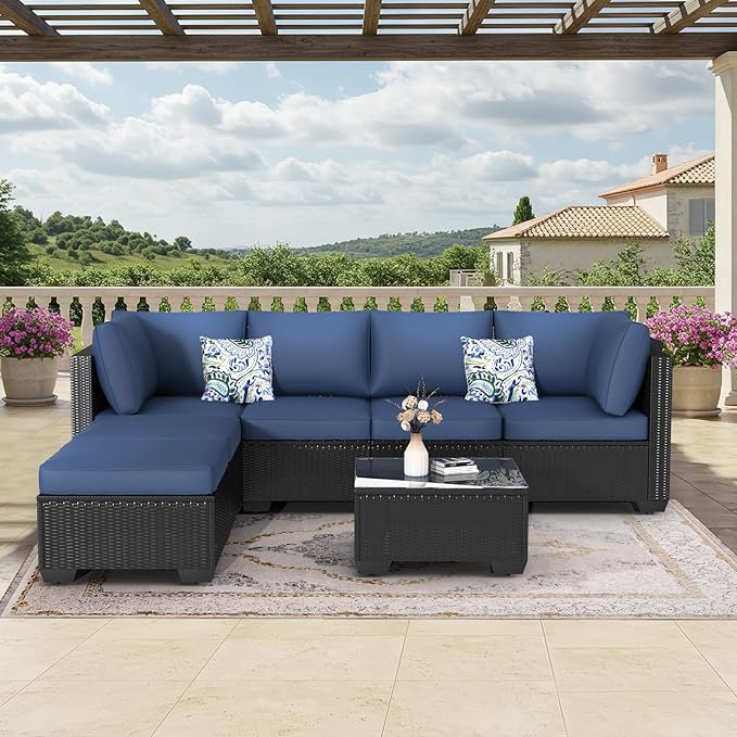 U-MAX 7 Piece Outdoor Patio Furniture Set with 30 Inch Fire Pit Table, PE Rattan Wicker Sofa Set, Outdoor Sectional Furniture Chair Set with Cushions and Tea Table, Black Rattan&Dark Blue Cushion