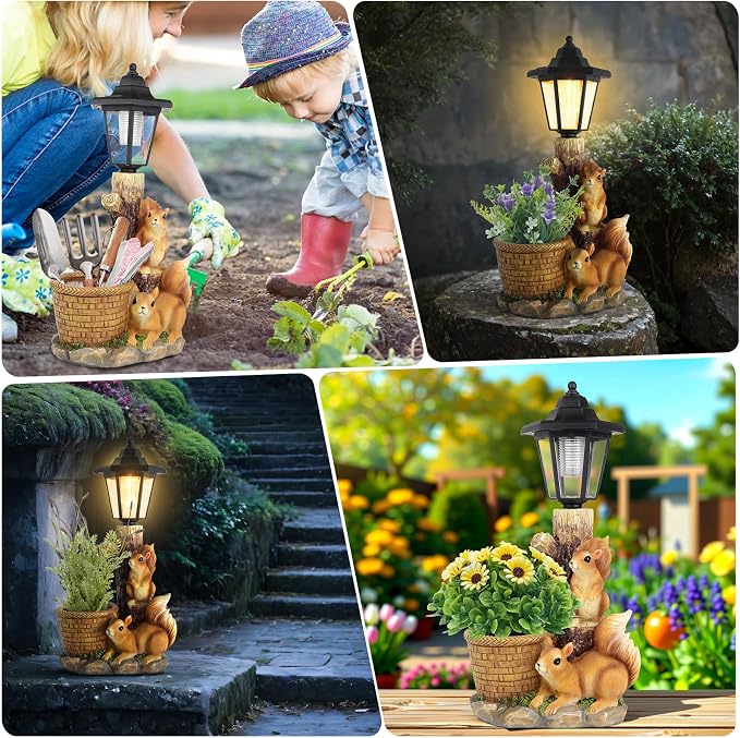 Solar Squirrels Outdoor Statues, Garden Sculpture with Flowerpot & Lantern | Cute Squirrel Figurine for Yard Art Lawn Ornaments Porch Patio Balcony - Birthday Gifts for Women Mom