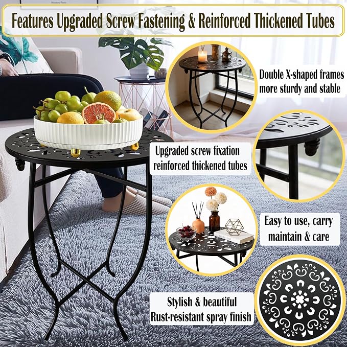 Small Patio Table, 17Inch Height Metal Patio Side Table with Flower Cut Design, 14'' Round Small Outdoor Side Tables for Patio Yard Porch Balcony Garden Bedside Plant Stand Indoor Outdoor 2Pack
