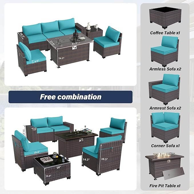 Patio Furniture Sectional Sofa Set 7-Pieces PE Rattan Patio Conversation Set w/43in Gas Fire Pit Table, Outdoor Furniture with 55000 BTU Propane Fire Pit, Blue