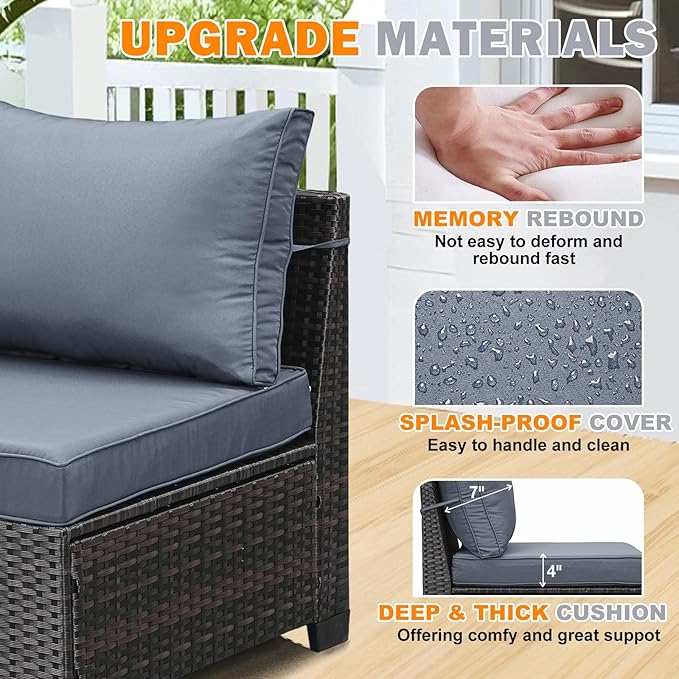 8 Pieces Patio Furniture Set, Wicker PE Rattan Outdoor Sectional with Cushion & Coffee Table, Patio Conversation Sofa for Garden, Backyard, Poolside, Grey