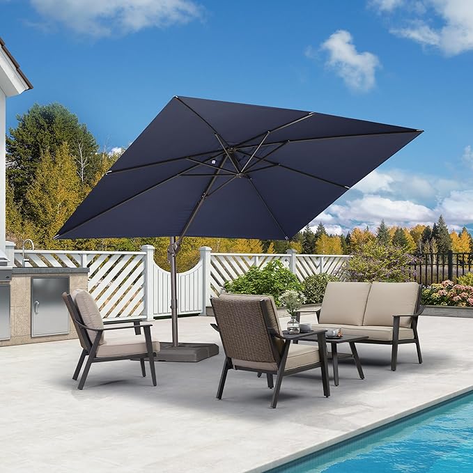 PURPLE LEAF 9' X 11.5' Rectangle Cantilever Umbrella Patio Umbrella Antique Bronze Outdoor Aluminum Offset Hanging Umbrella with 360-degree Rotation for Pool Garden Backyard Deck, Navy Blue