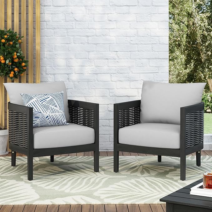 Merax Set of 2 Outdoor Acacia Wood Wicker Club Chair with Cushion,Patio Furniture Conversation Seat for Garden