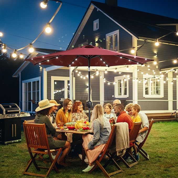 Sun-Ray 9' Round Patio Umbrella with 32 Solar Powered LED Lights, Push-Button Tilt and Hand Crank Lift, Solar Umbrella in Burgundy for Porch, Deck, and Patio