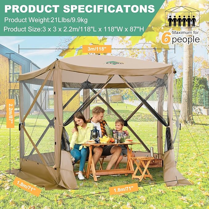 COBIZI 10x10 FT Pop up Gazebo, Popup Canopy Tent, Screened in Gazebos, Waterproof Portable Outdoor Small Screen Tents Sun Shelter,carpas para Patio for Camping, Garden and Backyard,Khaki