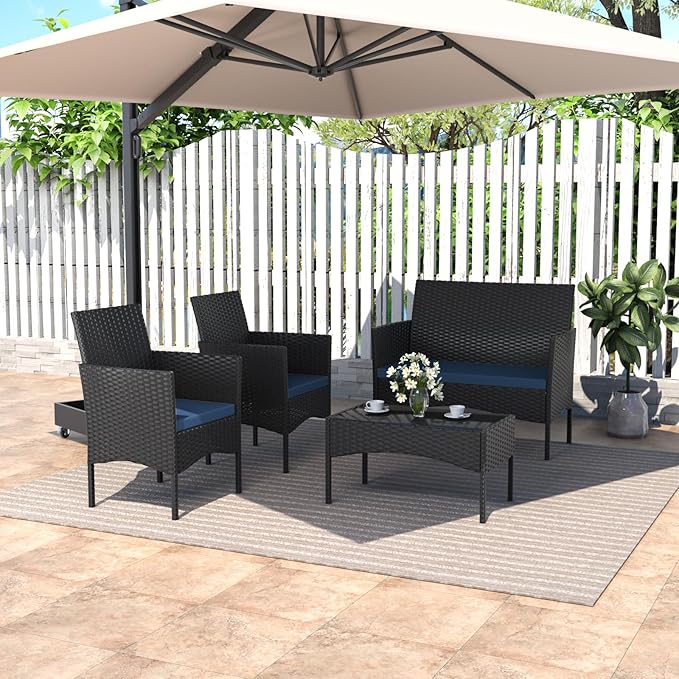 4 Piece Patio Rattan Conversation Set, Outdoor Rattan Chair Wicker Furniture Set, Couple Seats and Tempered Glass Table,Comfort Seat for Patio, Pool or Backyard