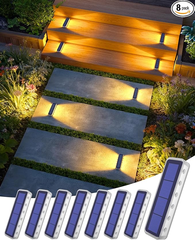 DetarZinLED Solar Step Lights for Outside 8 Pack, 12 LEDs 2-Sided Illumination Solar Stair Lights Outdoor IP68 Waterproof,Auto On/Off Deck Lights Solar Powered for Patio,Yard,Path,Walkway (Warm White)