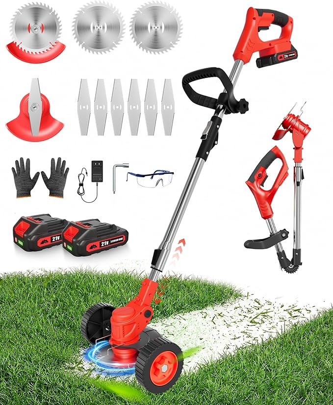 Cordless Weed Wacker, Weed Eater String Trimmer with Wheels, Electric Weed Eater with 2 x 24V Batteries and Charger, Stringless Grass Trimmer/Edger Lawn Tool for Garden Yard Lawns