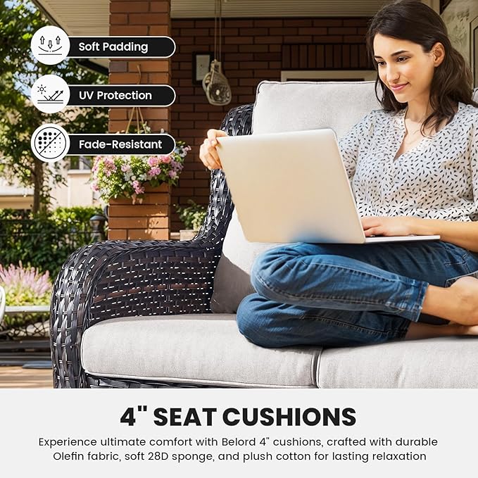 Belord Patio Wicker Furniture 4 Pieces Outdoor Furniture Set Patio Sofa Set with Wicker Chairs and Coffee Table, Paito Conversation Set for Porch Garden Deck Balcony Poolside